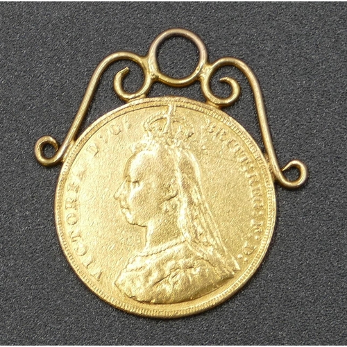 608 - A Victorian gold sovereign with welded with pendant top, 1886, 8.3 grams gross.