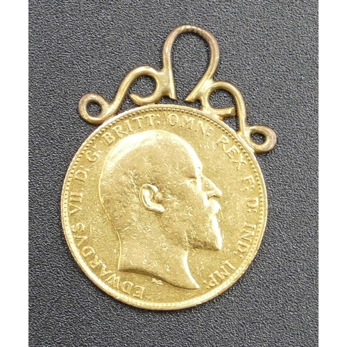 612 - An Edward VII gold sovereign with welded with pendant top, 1906, 8.4 grams gross.