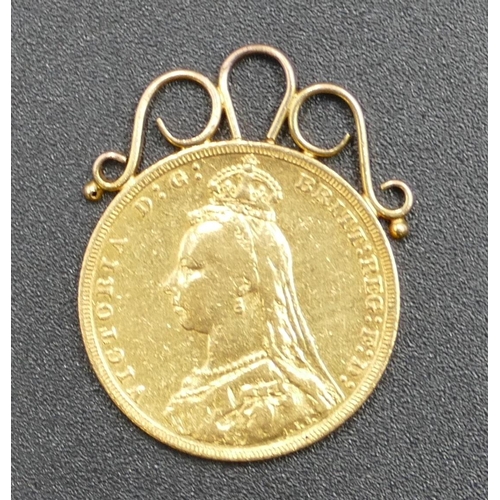 614 - A Victorian gold sovereign with welded with pendant top, 1889, 8.5 grams gross.