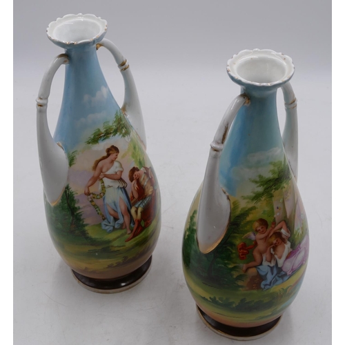 64 - A pair of Continental early 20th Century round bulbous thin necked 2-handled trumpet shaped vases on... 