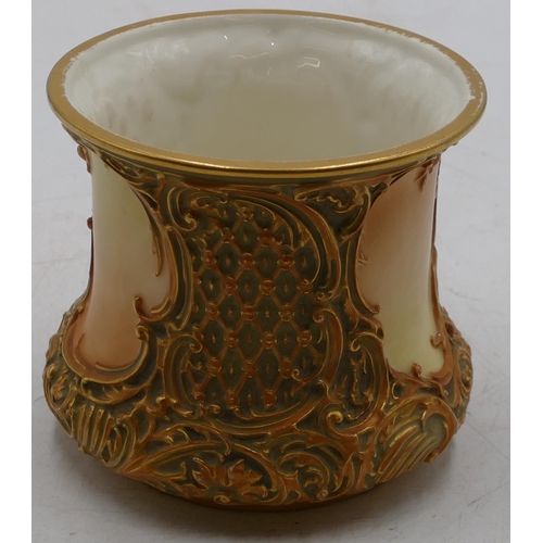 71 - A Royal Worcester Blush round bulbous trumpet shaped jardinière on cream and green ground with allov... 