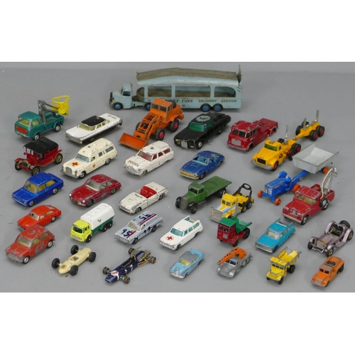 723 - A quantity of various Dinky, Lesney, Corgi toy cars including a Pullmore car transporter, Jaguar E-t... 