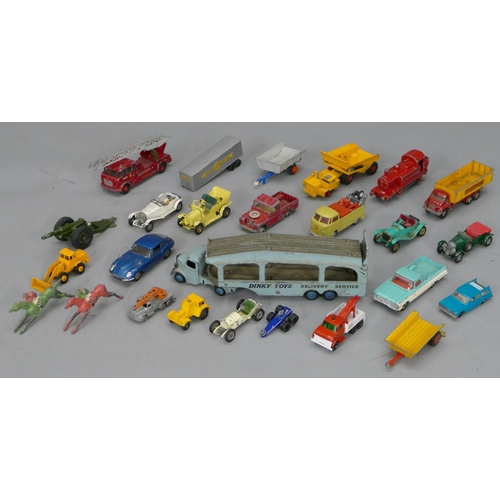 723 - A quantity of various Dinky, Lesney, Corgi toy cars including a Pullmore car transporter, Jaguar E-t... 