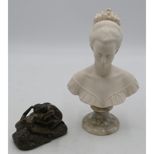 731 - A composition bust of a lady on round onyx base, 26cm high and a composition erotic group, 12.5cm wi... 