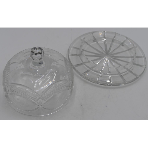 8 - A heavy cut glass cheese dish and cover with etched floral leaf and tooth cut decoration, 27.5cm wid... 