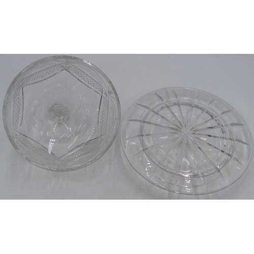 8 - A heavy cut glass cheese dish and cover with etched floral leaf and tooth cut decoration, 27.5cm wid... 