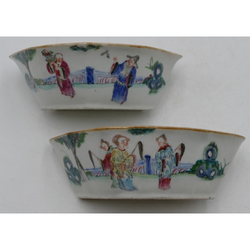 82 - Two 19th Century Cantonese scallop shaped dishes on white ground and multi-coloured figure, landscap... 