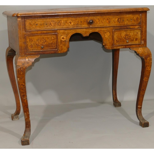 868 - An 18th Century walnut marquetry lowboy with allover vase, bird, floral, leaf and stringing decorati... 