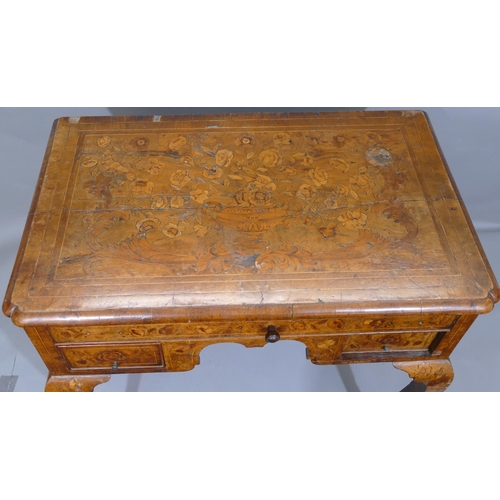 868 - An 18th Century walnut marquetry lowboy with allover vase, bird, floral, leaf and stringing decorati... 