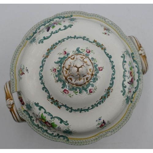 91 - A Victorian china round bulbous shaped 2-handled soup tureen with cover on white ground and multi-co... 