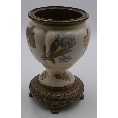 98 - A Royal Worcester blush oil lamp base with bulbous shaped body on cream ground with multi-coloured f... 