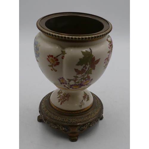 98 - A Royal Worcester blush oil lamp base with bulbous shaped body on cream ground with multi-coloured f... 