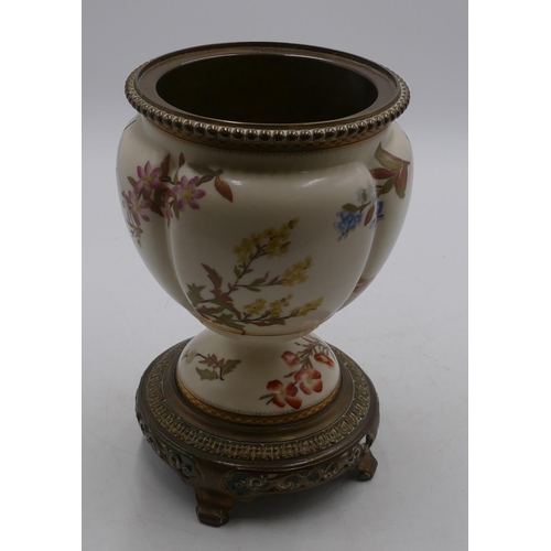 98 - A Royal Worcester blush oil lamp base with bulbous shaped body on cream ground with multi-coloured f... 