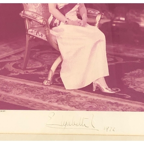 126 - A signed photograph of The Late Queen Elizabeth II, signed Elizabeth R 1972, print by Anthony Buckle... 