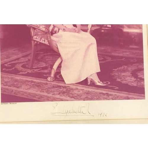 126 - A signed photograph of The Late Queen Elizabeth II, signed Elizabeth R 1972, print by Anthony Buckle... 