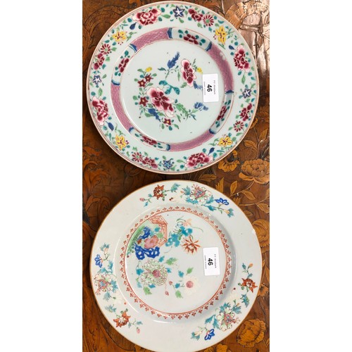 46 - An 18th/19th Century Chinese plate on white and puce ground with multi-coloured floral, leaf and scr... 