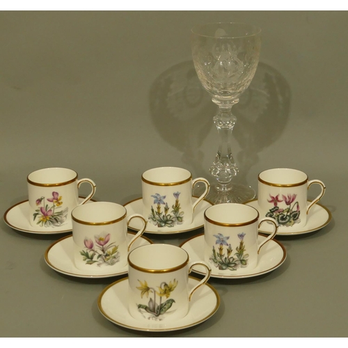 1 - A set of 6 Royal Worcester coffee cups and saucers with multi-coloured botanical decoration and a We... 