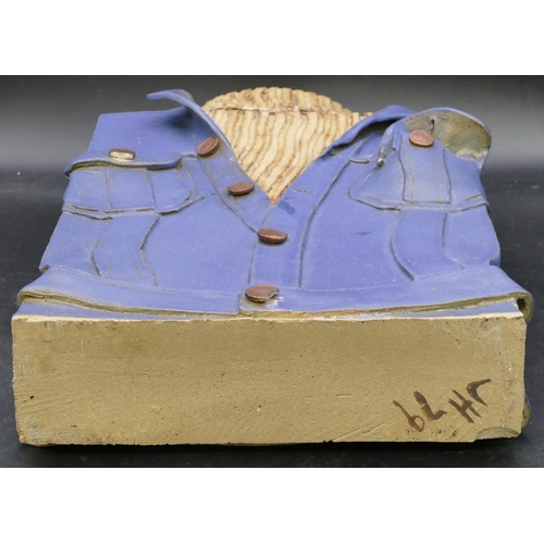 106 - A Studio Pottery vase in form of a jacket over roll neck top (collar restored), stamped JH '79 to ba... 