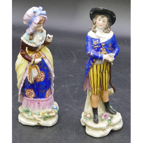 111 - A pair of Continental china figures of standing gentleman and lady on multi-coloured ground with par... 