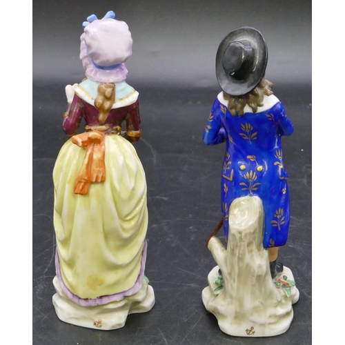 111 - A pair of Continental china figures of standing gentleman and lady on multi-coloured ground with par... 