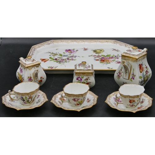 116 - A Dresden Cabaret tea and coffee service on white ground with hand painted floral, leaf and gilt dec... 