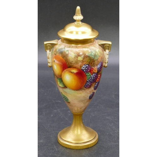 118 - A Royal Worcester round bulbous 2-handled lidded vase decorated by John Cook, with multi-coloured fr... 