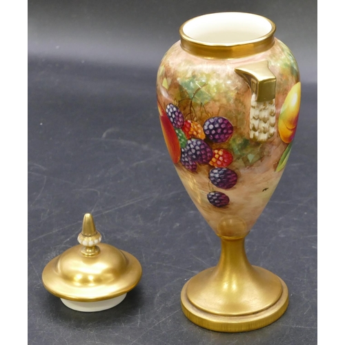 118 - A Royal Worcester round bulbous 2-handled lidded vase decorated by John Cook, with multi-coloured fr... 