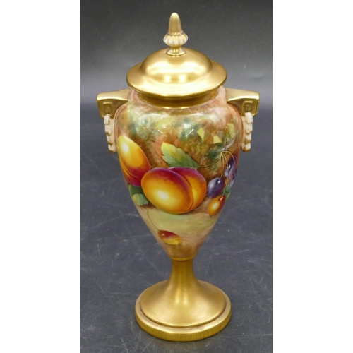 118 - A Royal Worcester round bulbous 2-handled lidded vase decorated by John Cook, with multi-coloured fr... 