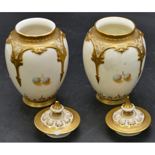 119 - A pair of Royal Worcester round bulbous thin necked lidded vases decorated by Frank Roberts on white... 