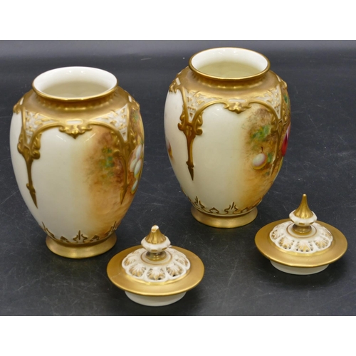 119 - A pair of Royal Worcester round bulbous thin necked lidded vases decorated by Frank Roberts on white... 