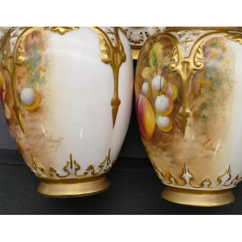 119 - A pair of Royal Worcester round bulbous thin necked lidded vases decorated by Frank Roberts on white... 