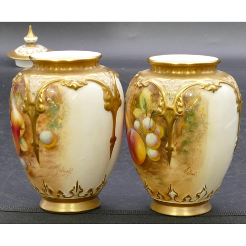 119 - A pair of Royal Worcester round bulbous thin necked lidded vases decorated by Frank Roberts on white... 