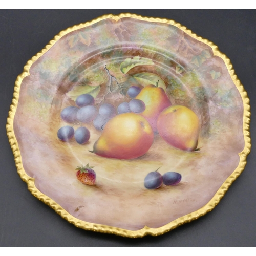 120 - A Royal Worcester round scallop shaped plate decorated by Harry Ayrton with multi-coloured fruit dec... 