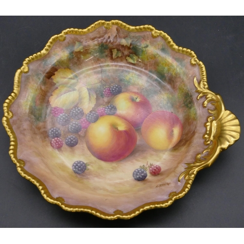 121 - A Royal Worcester round scallop shaped dish decorated by Harry Ayrton with multi-coloured fruit deco... 