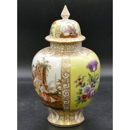 128 - A Dresden round bulbous thin necked lidded vase on white and yellow ground with multi-coloured figur... 