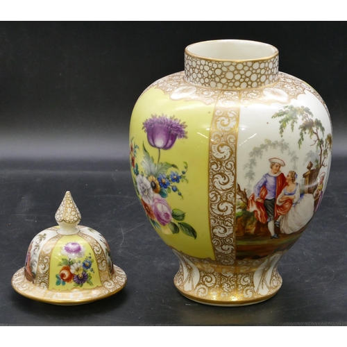 128 - A Dresden round bulbous thin necked lidded vase on white and yellow ground with multi-coloured figur... 