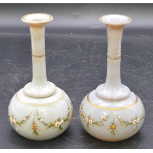 137 - A pair of Victorian opaline glass round bulbous thin necked trumpet shaped vases with raised painted... 