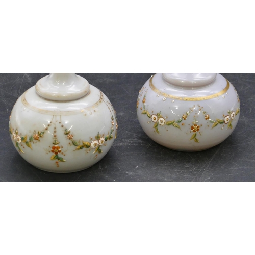 137 - A pair of Victorian opaline glass round bulbous thin necked trumpet shaped vases with raised painted... 