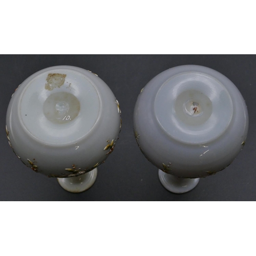 137 - A pair of Victorian opaline glass round bulbous thin necked trumpet shaped vases with raised painted... 