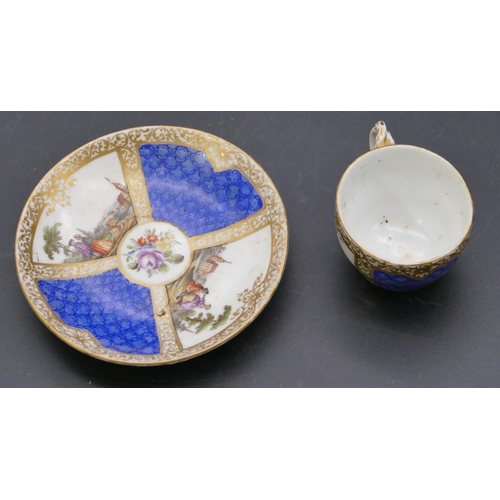 141 - A Meissen style cup and saucer on white and blue ground with hand painted figure, landscape and gilt... 