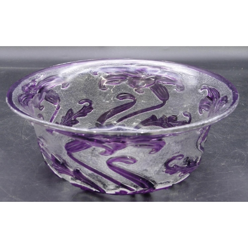 142 - A Webb Art Nouveau clear and amethyst coloured glass round trumpet shaped bowl with raised leaf and ... 