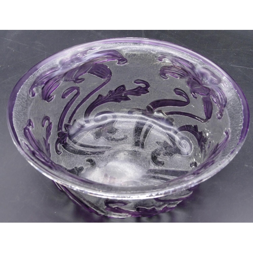 142 - A Webb Art Nouveau clear and amethyst coloured glass round trumpet shaped bowl with raised leaf and ... 