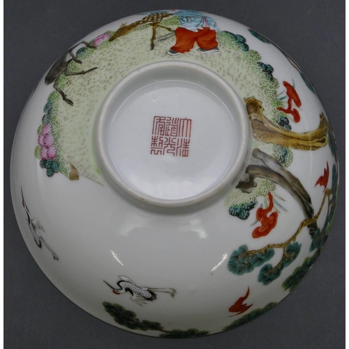 148 - A Chinese round trumpet shaped bowl on white ground with multi-coloured figure, deer, bird, bat and ... 