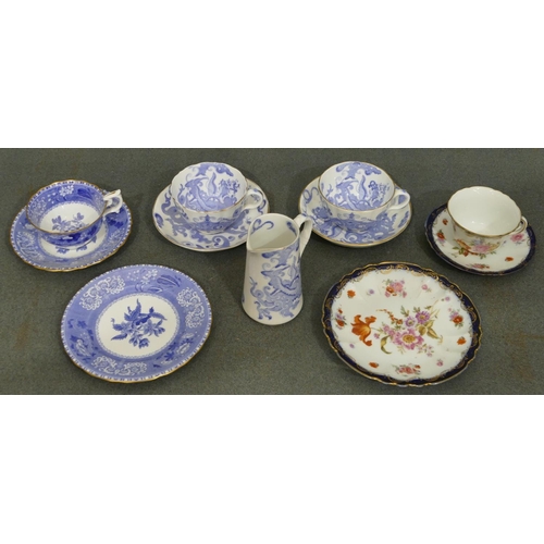 150 - A Spode Camilla blue and white trio, a Victoria Austria china trio with multi-coloured floral, leaf ... 