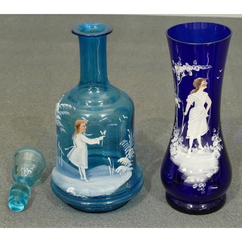 156 - A turquoise glass Mary Gregory round bulbous thin necked decanter with stopper depicting young girl ... 