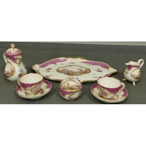 170 - A Meissen cabaret set on white and puce fish scale ground with hand painted figure, river, landscape... 