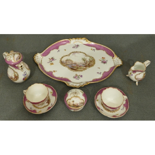 170 - A Meissen cabaret set on white and puce fish scale ground with hand painted figure, river, landscape... 