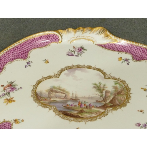 170 - A Meissen cabaret set on white and puce fish scale ground with hand painted figure, river, landscape... 