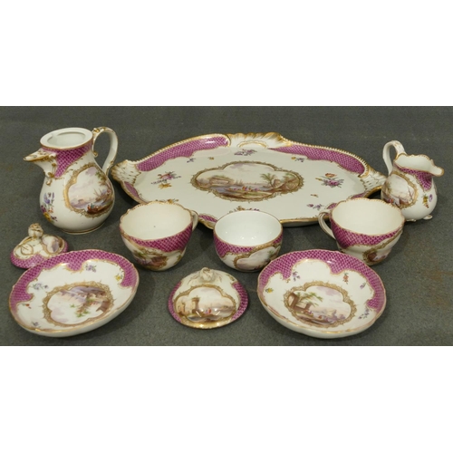 170 - A Meissen cabaret set on white and puce fish scale ground with hand painted figure, river, landscape... 