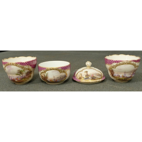 170 - A Meissen cabaret set on white and puce fish scale ground with hand painted figure, river, landscape... 